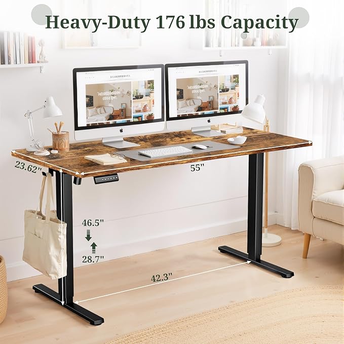 55 x 24 in Electric Standing Desk - Memory Height Adjustable Ergonomic Sit-to-Stand Rising Computer Table Gaming Workstations with 2 Hooks and Wire Hole for Home Office Brown