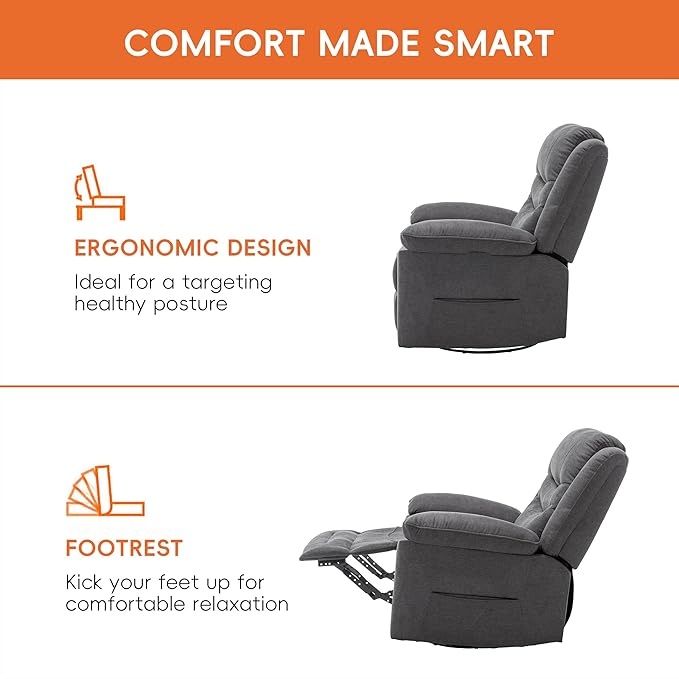 Power Swivel Rocker Recliner with Massage and Heat USB Port Infinite Position Oversized Electric Glider Rocking Chairs Living Room Soft Fabric Reclining Sofa Chair (Dark Grey Fabric)