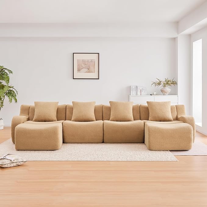 Camel U-Shaped Cloud Couch with 2 Ottomans Modern Teddy Fabric Boneless Sectional Sofa in a Box for Living Room Modular Floor Couch Deep Seat No Assembly Required Sofas para Sala
