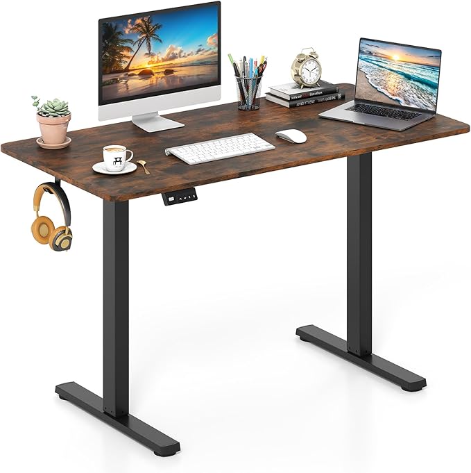 Giantex Electric Standing Desk 48 x 24 Height Adjustable Sit Stand Computer Workstation with 2 Memory Heights Headphone Hook Anti-Collision Design Home Office Computer Desk (Rustic Brown+Black)
