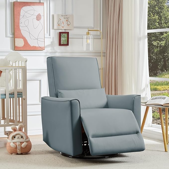 GarveeHome Recliner Chair 360° Swivel Rocker Glider Nursery Chair with Padded Armrest and Deep Seat PU Leather Upholstered Reclining Sofa Chair for Living Room Bedroom and Nursery (Gray)