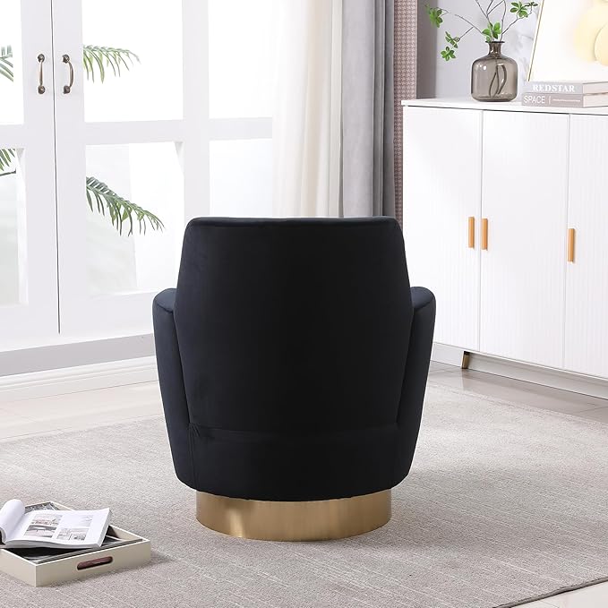 360° Swivel Barrel Accent Chair Comfy Round Accent Chairs with Gold Iron Base &amp Dual-Layer Cushion Modern Lounge Reading Armchair Upholstered Sofa Chair for Living Room Bedroom(Velvet Black)