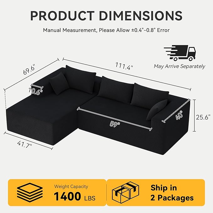 ALISH 111 Inch L-Shaped Cloud Sectional Sofa Couch Compression Couch with Chaise Modular Deep Seat Boneless Design for Easy Setup Plush Upholstered Living Room Bedroom Apartment Furniture Black