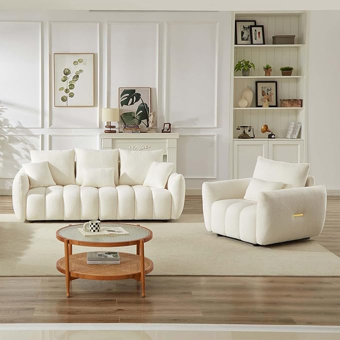 Antetek Teddy Sofa Set for Living Room Modern Deep Seat Sofa Chair and Oversized 3-Seater Cloud Boucle Couch for Bedroom Office Apartment Furniture Set Beige (2 Piece)