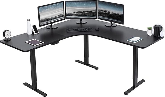 VIVO Electric Height Adjustable 71 x 71 inch Curved Corner Stand Up Desk Black Table Top Black Frame Memory Controller L-Shaped Workstation E3C Series DESK-KIT-E3CB2