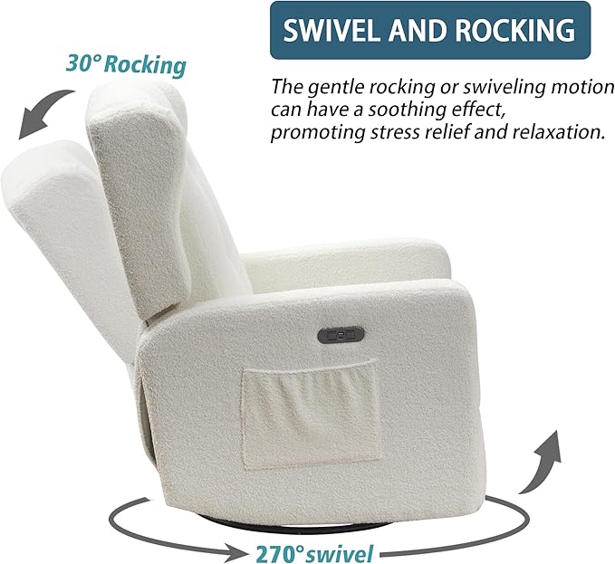 Power Swivel Rocking Recliner Chair High Back Electric Rocker Nursery Glider Chair USB and Type-C Ports Upholstered Teddy Fabric Reclining Single Sofa Chair for Living Room (Teddy Beige)