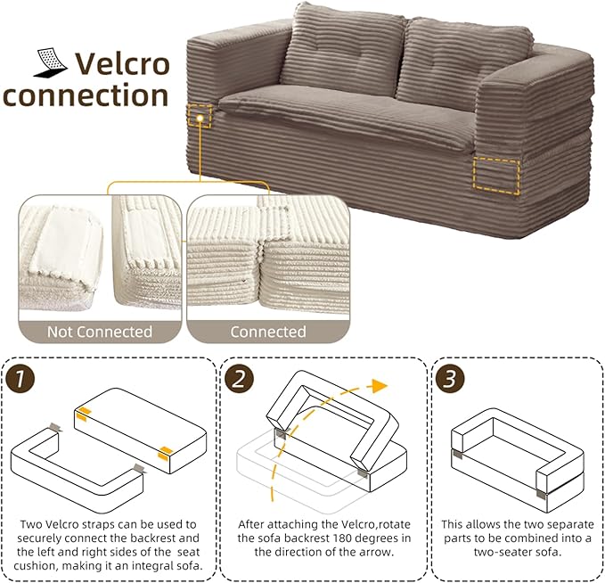 Convertible Sleeper Sofa Bed with Chaise Lounge Set80 King Folding Mattress Cloud Floor Loveseat CouchCorduroy Boneless Sectional Couch for Living Room Bedroom ApartmentCoffee