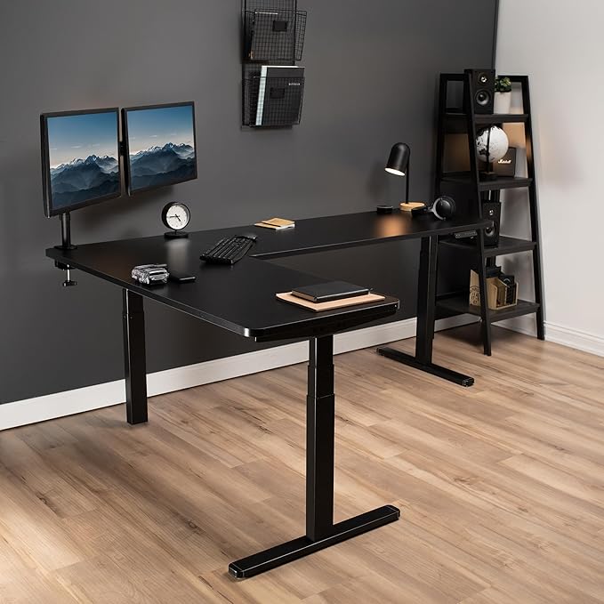 VIVO Electric Height Adjustable 83 x 60 inch Corner Stand Up Desk 2 Black Solid Table Tops Black Frame Memory Controller L-Shaped Workstation 3E Series DESK-KIT-3E8B