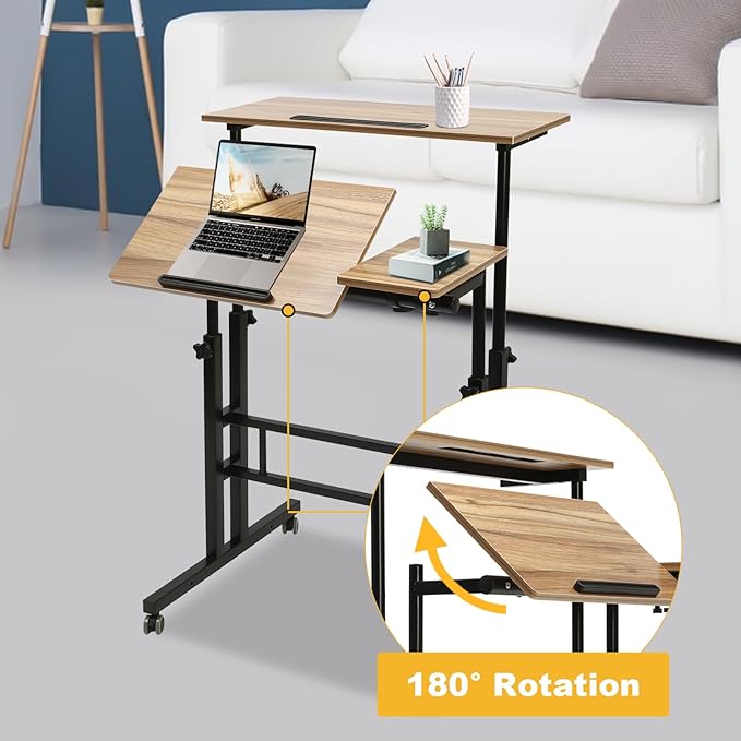Mobile Standing DeskHeight Adjustable Home Office DeskStand Up Desk with Tilting Tabletop and Wheels Rolling Laptop Cart Sit Stand Desk