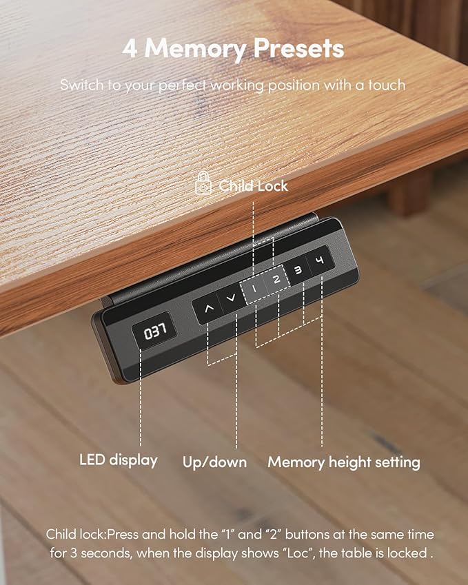 CubiCubi 32 x 20 Small One-Piece Standing Desk Adjustable Height Electric Computer Sit Stand up Home Office Workstation with 4 Memory Presets Headphone Hook Light Rustic