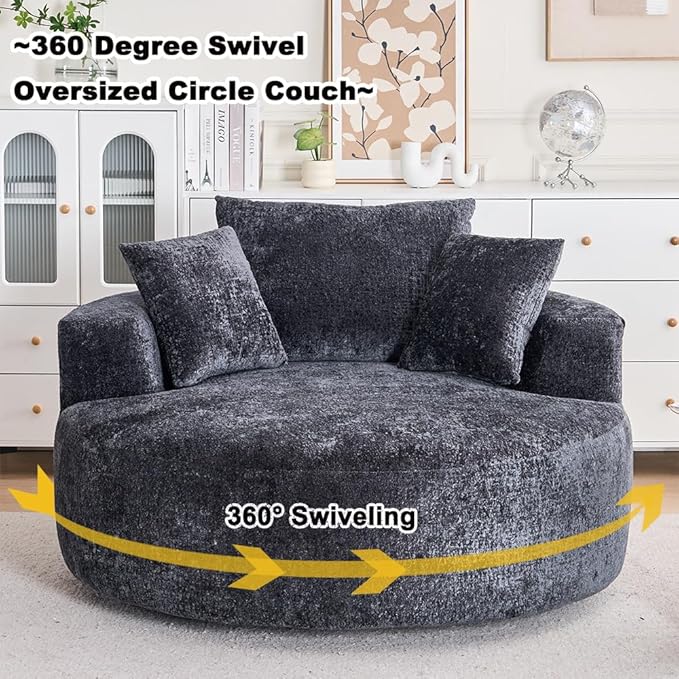 Swivel Accent Barrel Chair Oversized Modern Akili Upholstered Sofa Lounge Club Leisure Chair Round Chair for Hotel Living Room with 3 Pillows (Black Chenille) 15D x 38.6W x 50H in
