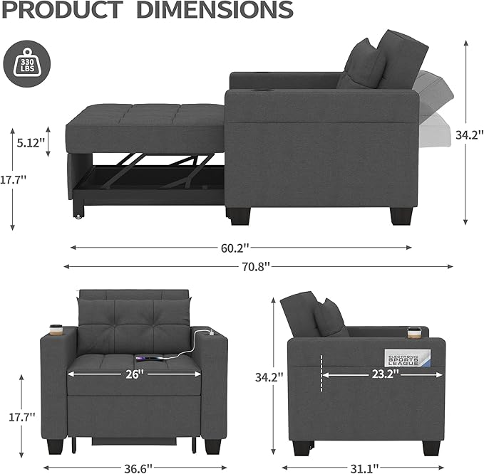 DURASPACE 36.6 Futon Chair Bed Convertible Chair 3-in-1 Pull Out Sleeper Reading Chair Beds with USB Armchair Sleeper Bed for Living Room Dorm Small Space (Dark Gray Linen)