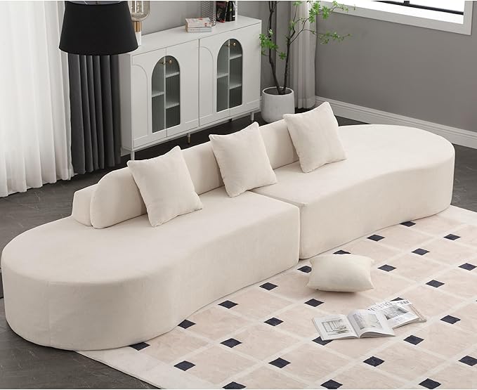 Modern Curved Cloud Sofas with Three Pillows Terrycloth Fabric Upholstered Sofa Combination Sofa Comfy 4 Seat Modular Sofa Minimalist Sofa in Living Room Apartment (Beige *172)