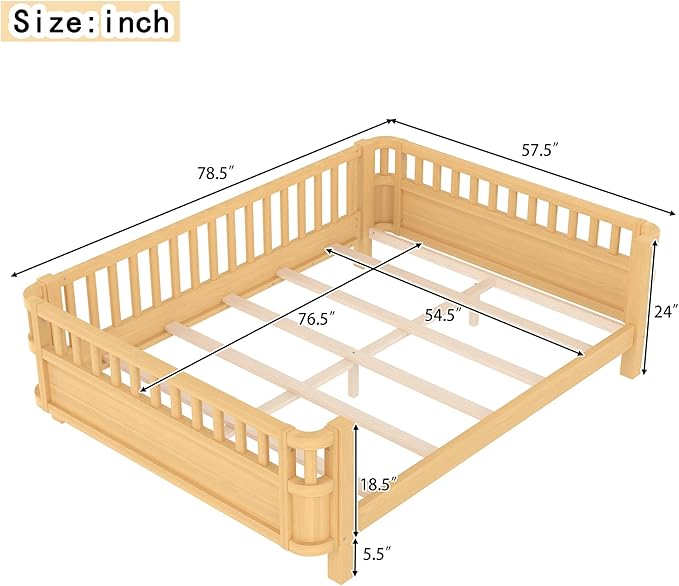 Bellemave Full Size Montessori Bed with Fence and Slats Full Size Low Platform Bed Frame with Detachable Side Bed Rails and Rounded Corner Design Easy Assemble Montessori Bed Natural