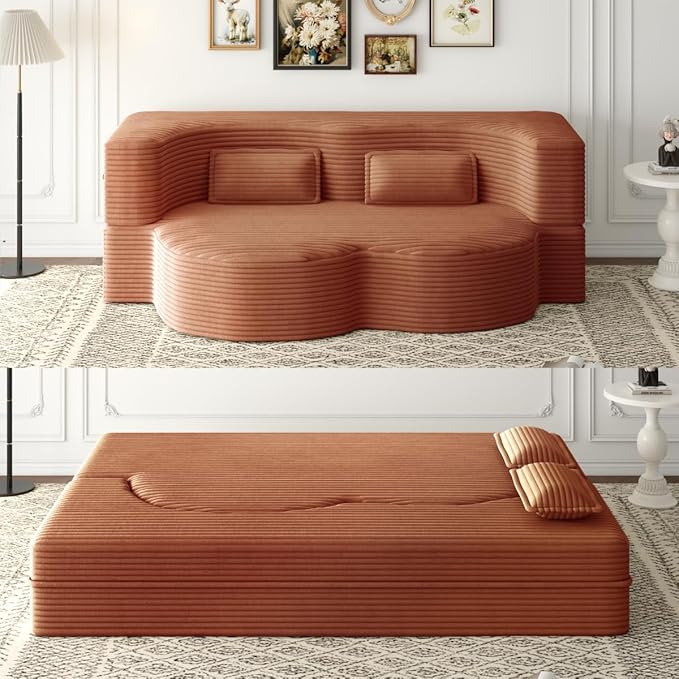 Convertible Sofa Bed Full Size｜78 Sleeper Couch with 2 Pillows｜Corduroy Fabric Folding Sofa Bed｜High-Density Foam｜No Assembly｜Space-Saving｜for Living Room Guest Room｜Orange