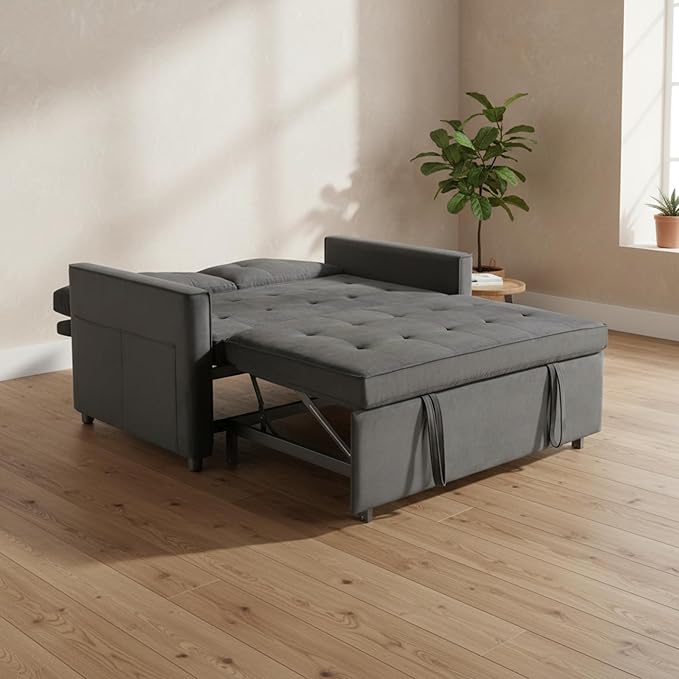 Sofa Bed Pull Out Couch with Side Pockets 3 in 1 Velvet Fabric Loveseat Sleeper Sofa Bed Pull Out Couch with Adjustable Backrest for Living Room Bedroom Apartment Gray 53 Inch