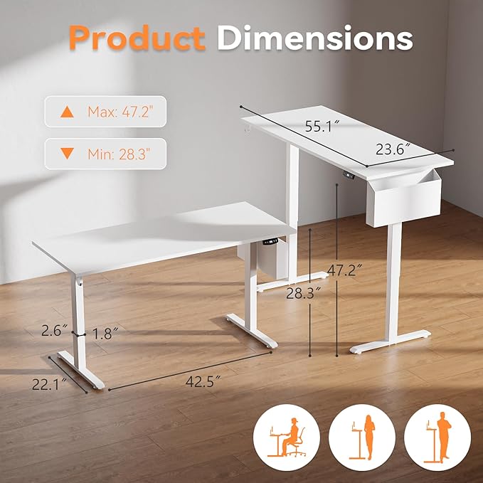 Electric Standing Desk Sit to Stand Up Computer Desk with Storage Bag Height Adjustable Memory Presets for Home Office Gaming Workstations 55 x 24 inch Study Table White