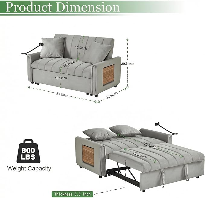 53.9 3-in-1 Convertible Sleeper Sofa Bed Loveseat Pull Out Bed with USB Ports &amp Swivel Stand Modern Foldable Sofa Bed with Tabletop Sleeper Couch for Living Room Bedroom (Grey)