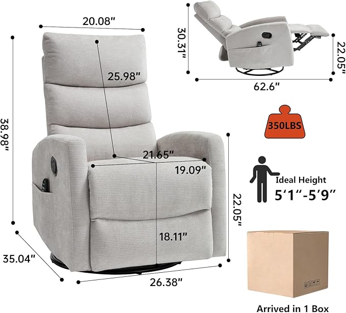 PELUMY 360° Swivel Rocker Recliner with Heat &amp Vibration Massage Glider Rocking Chair for Adults Compact Recliner for Living Room Small Spaces Nursery Bedroom (Chenille Light Grey)