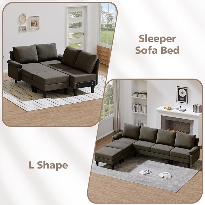 115 Modular Sectional Sofa U Shaped Sectional Comfy Couch for Living Room Convertible Modular Sofa Couch with Ottomans and Chaise High Supportive &amp Soft Sponge 6 Seats Brown
