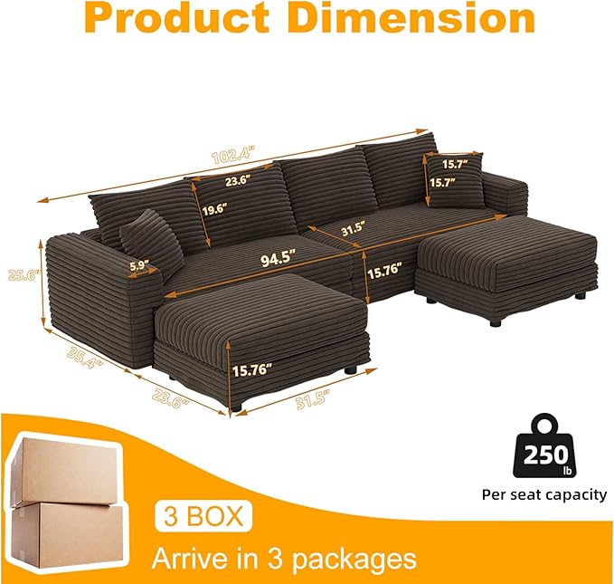 Cloud U Shaped Couch Modular Sectional Sofa 4 Seater Corduroy Cloud Sofa Couch with Ottoman 102.4'' Oversized Chaise Lounge Sleeper Sofas Deep Seat Sectional Couches for Living Room Camel