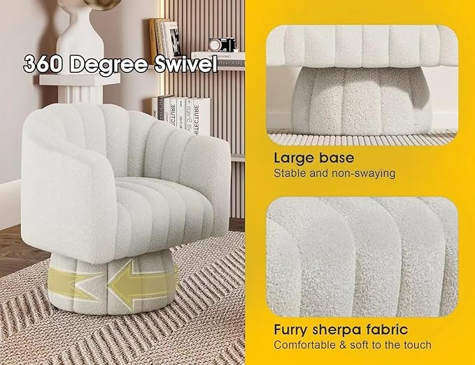 360 Degree Sherpa Swivel Cuddle Barrel Accent Sofa Chairs Round Teddy Armchairs with Wide Upholstered Furry Boucle Reading Chair for Living Room Bedroom Office Waiting Rooms (White)