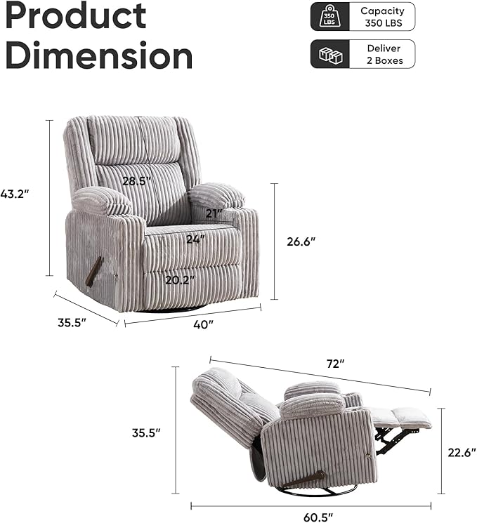 Oversized Manual Recliner Chair with Arm StorageSwivel Rocker Recliner Chair for Adults with Adjustable HeadrestNursery Glider Recliner with Phone Stand and Side Pockets for Living RoomLight Grey