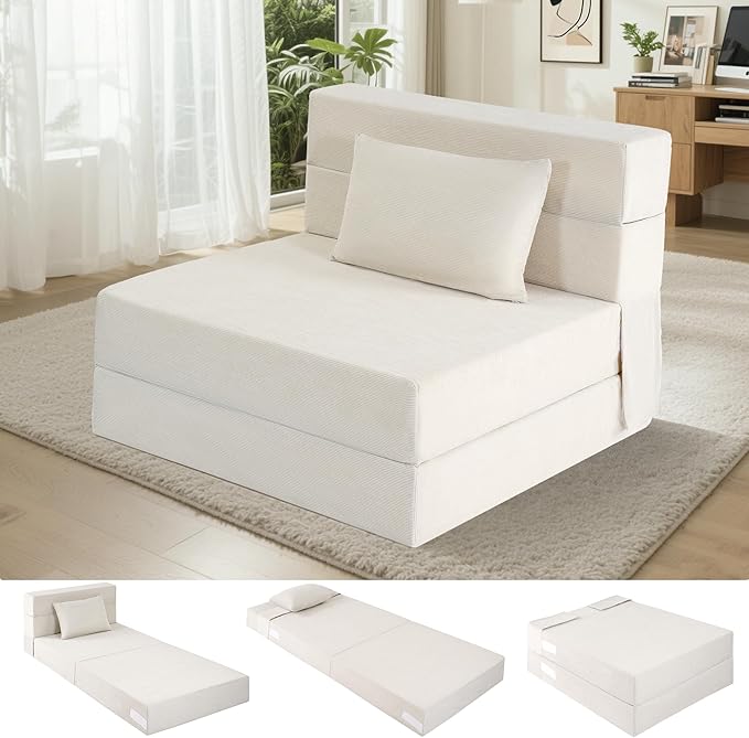 Folding Sofa Bed 4 in 1 Convertible Fold Out Single Chair Bed with Pillow Memory Foam Futon Chair Foldable Futon Couch Foldable Sofa Mattress for Living Room Bedroom Guest Room Beige