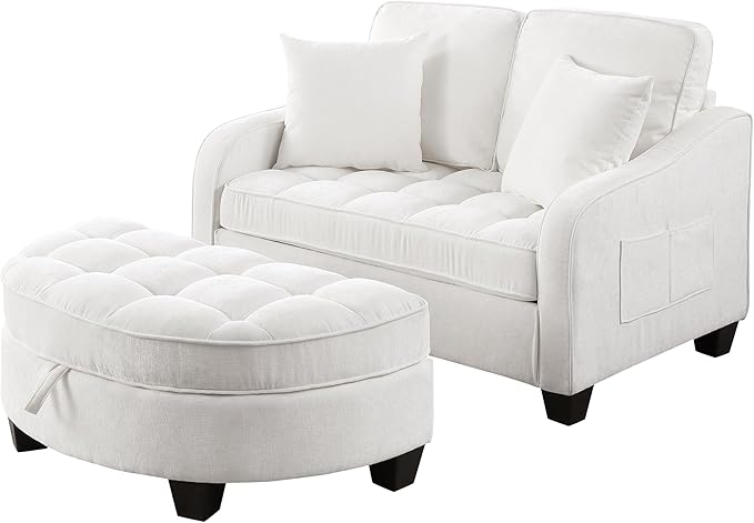 ERYE Chenille Tufted Loveseat Sofa and Ottoman Set Tufted Recliner Sleeper Chaise Lounge with Curved Storage OttomanReclining Backrest and Side Pockets 4 Pillows