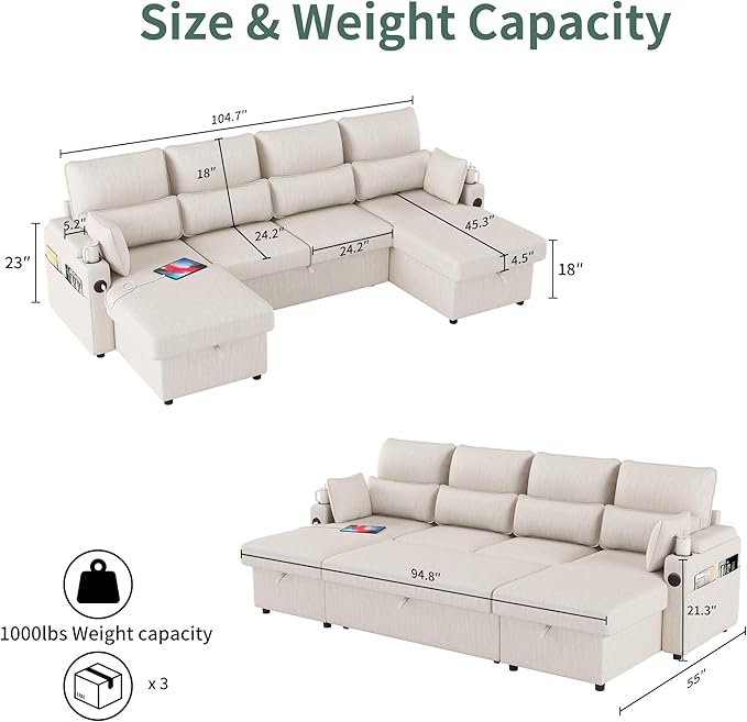 Sectional Sleeper Sofa with Pull Out Couch Bed with Storage Chaise for Living Room Comfy Linen Modular Sectional Sofa with Dual USB &amp Type-C Cup Holders (Beige 105 Inches)