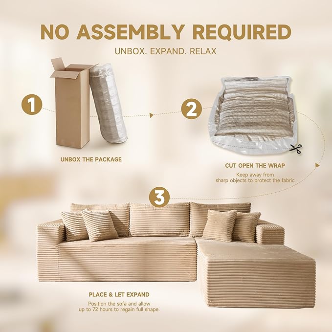 108 Modular Cloud Sofa High-Density Foam Sectional Couch Oversized Convertible L-Shaped Sofa Bed with Plush Fabric Deep Seats Wide Armrests Boneless Couches for Living Room Beige