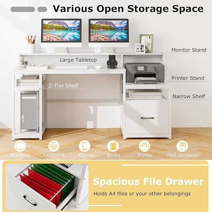 Tangkula Computer Desk with Power Outlets 66” Computer Workstation with Monitor Stand CPU Stand Printer Shelf &amp File Drawer Writing Table Gaming Desk for Home Office (White)