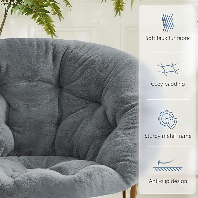 DUMOS Comfy Saucer ChairFaux Fur Lounge Seasting XL Circle Chair for Bedroom Dorm &amp Gaming Foldable FAccent Seat for Small Spaces Folding Moon/Mushroom/Round Oversized Style Modern Grey