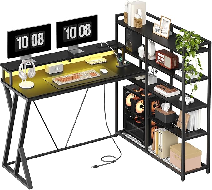 Reversible L Shaped Gaming Desk with Shelves 52'' L Shaped Computer Desk with Power Outlet and LED Light Corner Desk with Storage Shelf and Monitor Stand for Home Office Black