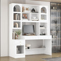 ECACAD Large Computer Desk with 79.1 Tall Bookshelf 62.4 L Corner Computer Desk with Glass Doors and Carved Arched Patterns Home Office Desk with 3 Drawers &amp 12 Shelves White