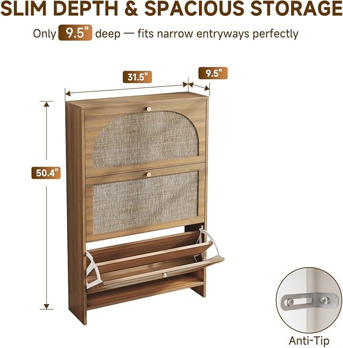 Nicetree Freestanding Ultra Slim Arched Rattan Accent Shoe Storage Cabinet for Entryway - 3 Flip Drawers &amp 3-Tier Adjustable Shelves Farmhouse Modern Rustic Shoe Rack for Hallway FoyerOak