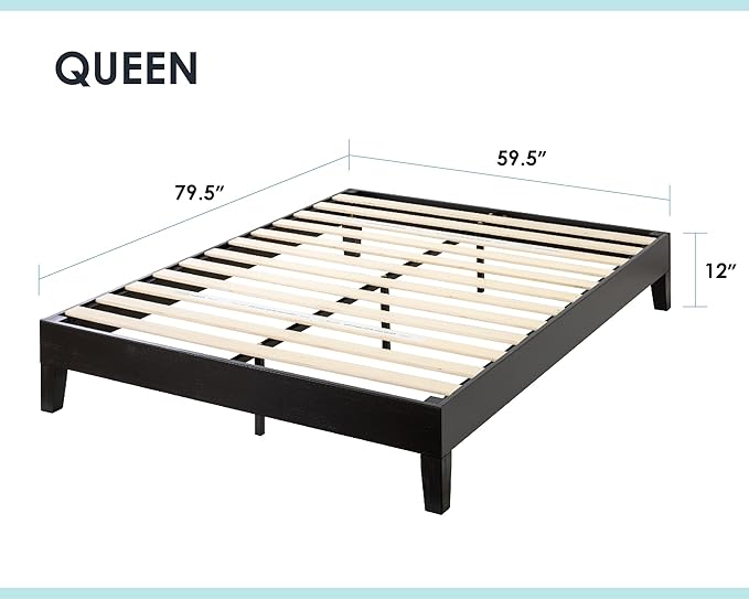Mellow Naturalista Grand 12 Inch Solid Wood Platform Bed with Wooden Slats Easy Assembly Queen Black