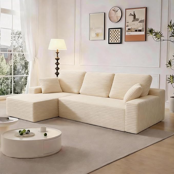 105 Cloud Modular Boneless Couch Left Facing L-Shaped Chaise Sectional Sofa - No Assembly Required Plush Corduroy &amp Memory Foam for Living Room Bedroom Apartment (Beige)
