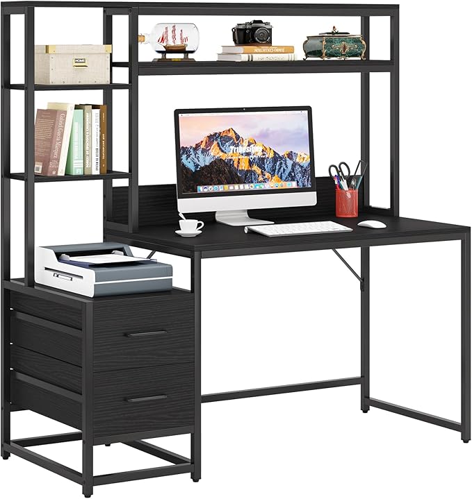 Tribesigns 55 Inch Computer Desk with 2 Drawers and Storage Shelves Rustic Office Desk with Hutch Study Writing Gaming Table Laptop Workstation for Home Office (Black)