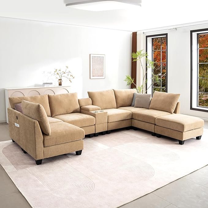 136.4 Modular Sectional Sofa U-Shaped 7 Seater Sectional Sofa with Storage Ottoman Linen L-Shaped Couch Large Cloud Couch with Cup Holders &amp USB for Living Room（Camel
