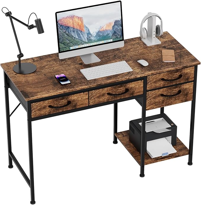 Office Gaming Desk with Drawers &amp Large Storage Shelf Modern Work Desk for Home Office Rustic Brown