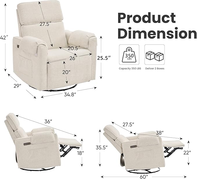 Oversized Power Recliner Chair Swivel Glider with Adjustable Headrest Swivel Rocking Recliner Chair for Adults 26 Extra Wide Glider Nursery Chair with Overstuffed Armrest USB Ports White