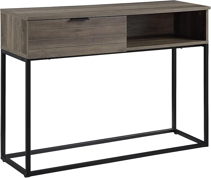 Penau Rustic Oak Writing Desk with Black Metal Legs Compact Home Office Desk Modern Industrial Style Ample Storage Space