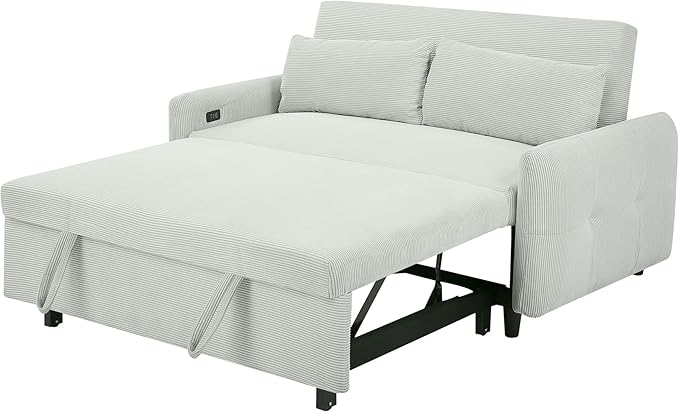 Pull-Out Sofa Bed Convertible Couch 2 Seat Loveseat Sofa Corduroy Fabric Upholstered Sleeper Sofa with 2 Throw Pillows and USB Ports for Living Room Office Apartment (Pale Green)