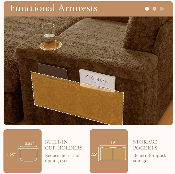 Oversized Chaise Lounge Chair Indoor with Storage Armrest &amp Ottoman Sleeper Chair with Cup Holder Deep Seat Faux Fur Upholstered Couch Sofa Bed Reclining Chair for Living Room Bedroom Brown
