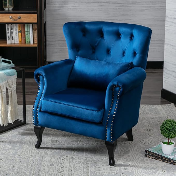 chairus Mid-Century Modern Accent Chair Comfy Tufted Single Sofa Chair Wingback Armchair with Pillow for Club Living Room Bedroom - Velvet Blue