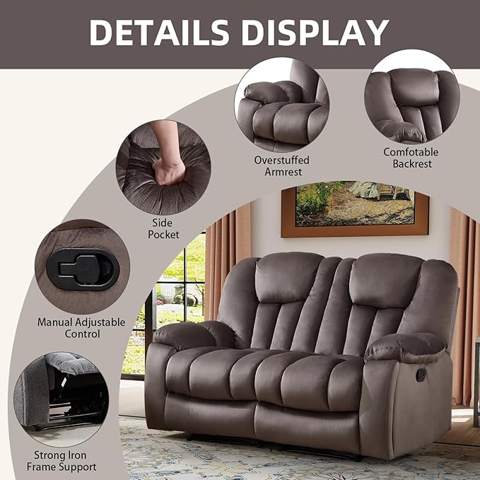 CANMOV Manual Recliner Sofa Set-Soft Fabric Reclining Living Room Sets Single Chair and Love Seating Massage Heated Recliner Couch with Cup HoldersSide Pocket for Adults Elderly Dark Brown