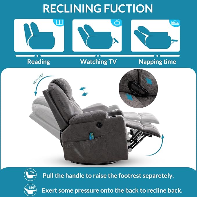 Manual Swivel Glider Rocker Recliner Chair with Massage and Heat 2 USB Ports 2 Cup Holders 2 Side Pockets and 2 Front Pockets Bronze Suede Fabric (Grey)