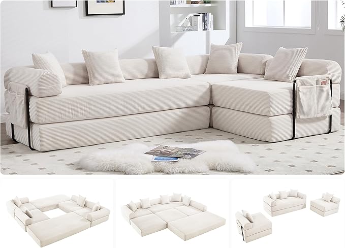 10-in-1 Folding Convertible Sofa Bed 141 Inch Boneless Couch with Fixed-Shape Frame Corduroy Modular Sectional Sofa Mattress Sleeper Sofa Floor Sofa Futon Couch for Living Room (Beige)