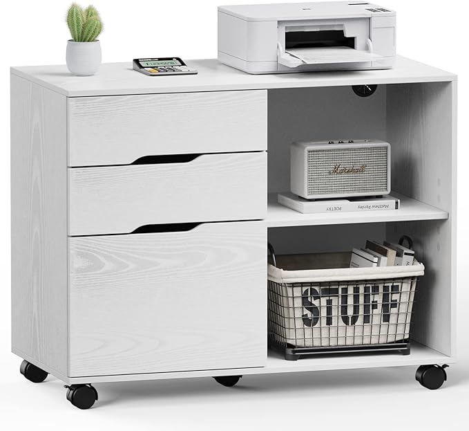 File Cabinet with 3 Drawers Mobile Lateral Filing Cabinet with Open Storage Shelves for Home Office Under Desk Storage White